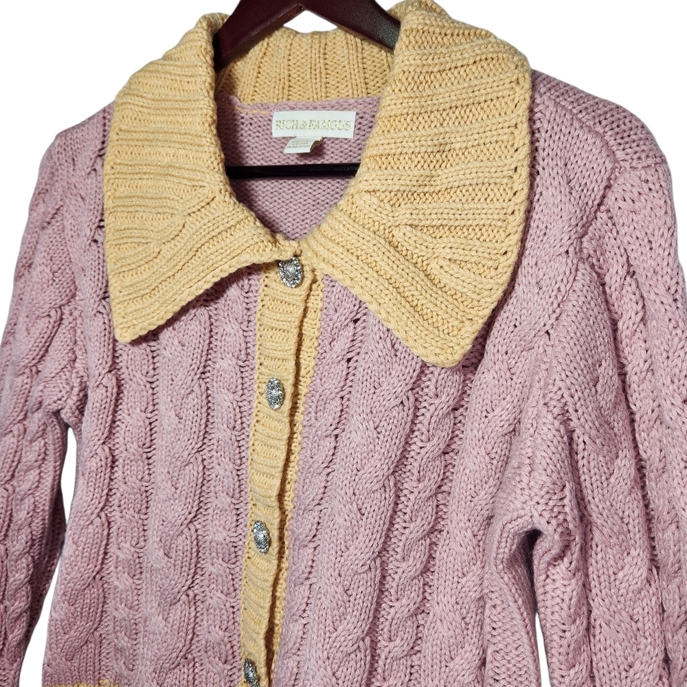 Rich & Famous NWT Sicily Crop Cardigan Sweater Grannycore Knit Collar Bling Boxy - Picture 9 of 16